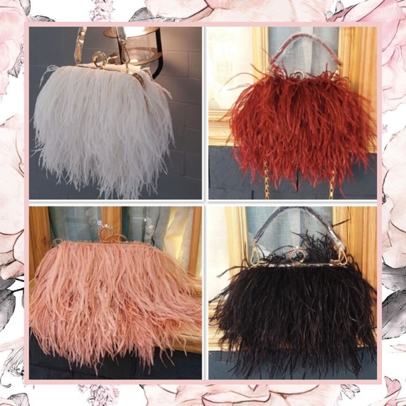 🌸 OSTRICH PURSE FEATHER HARD CLUTCH BAG BOHO CHIC DESIGNER ELITE HANDLE CHAIN - Picture 4 of 12